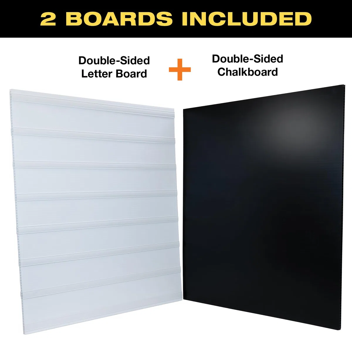 Señal de acera con mensaje cambiable Swing, 37" x 36" con 792 letras precortadas de doble cara y caja de almacenamiento. Incluye tablero negro y 4 pizarras líquidas y cartulina