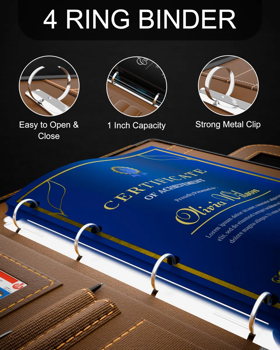 FEDUS Archivos para documentos, 20 hojas, tamaño folio (más grande que el tamaño A4), 4 anillas con asa oculta, multiusos, de piel sintética, carpeta profesional ejecutiva para certificados