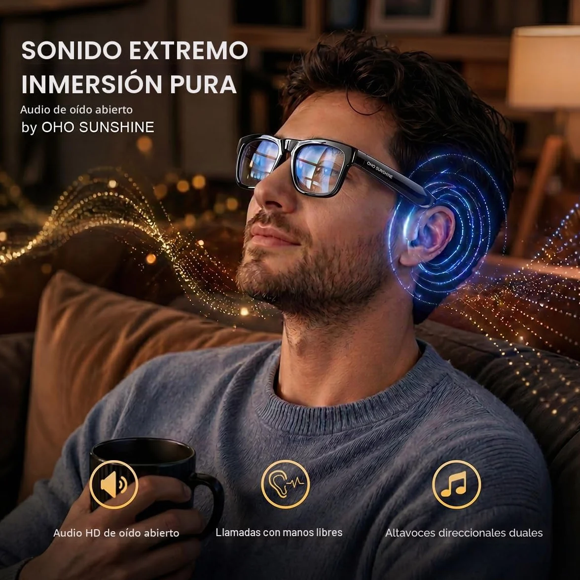 OhO sunshine Gafas inteligentes de traducción de IA con altavoz Bluetooth con marco negro brillante y lente fotocromática para exteriores e interiores