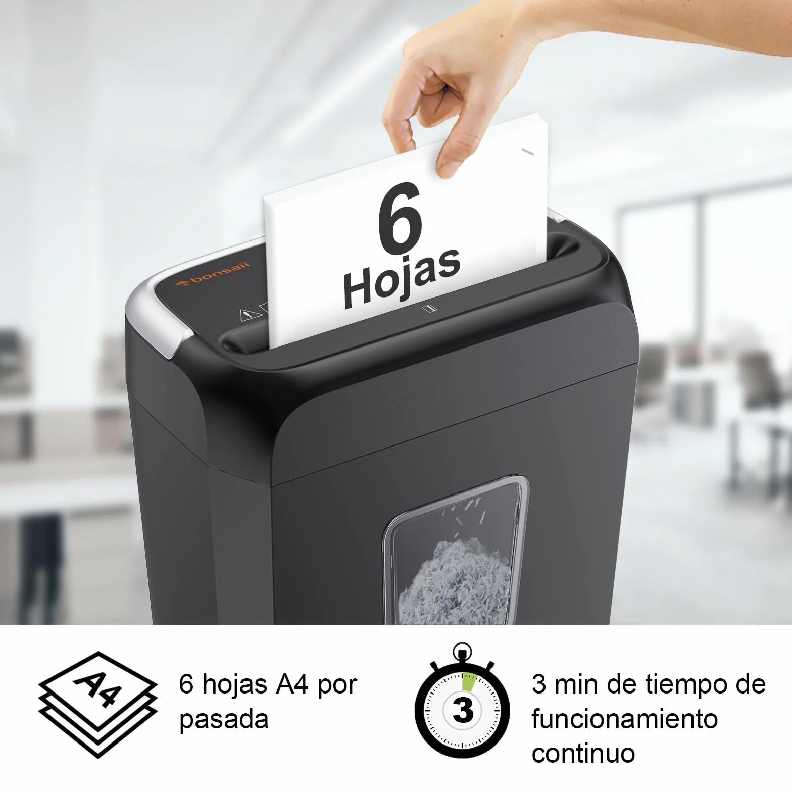 Bonsaii Destructora de Papel C237-B, 6 Hojas, Tarjetas y Clips, 13L