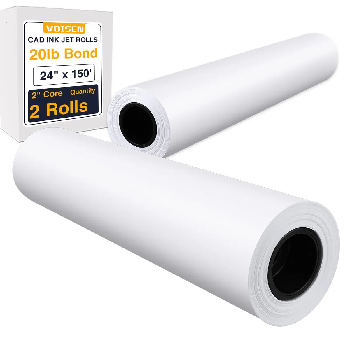 VOISEN Papel de formato ancho, 2 rollos de papel para plóter de 24 pulgadas x 150 pies, rollos de papel CAD, 20 libras, 24 rollos de papel en núcleo de 2 pulgadas para impresión CAD en impresoras de