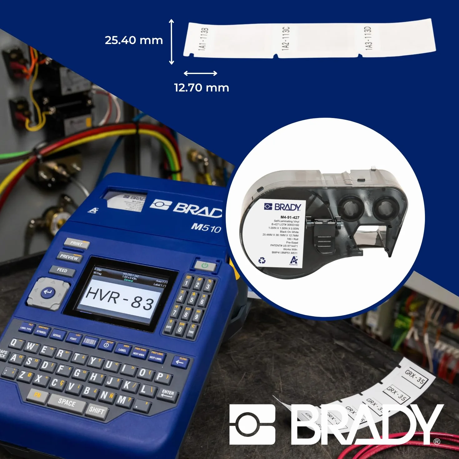 Brady Cinta Vinilo B427 – M410/M510/M511, Negro sobre blanco, 25.40 mm x 12.70 mm – M4-91-427