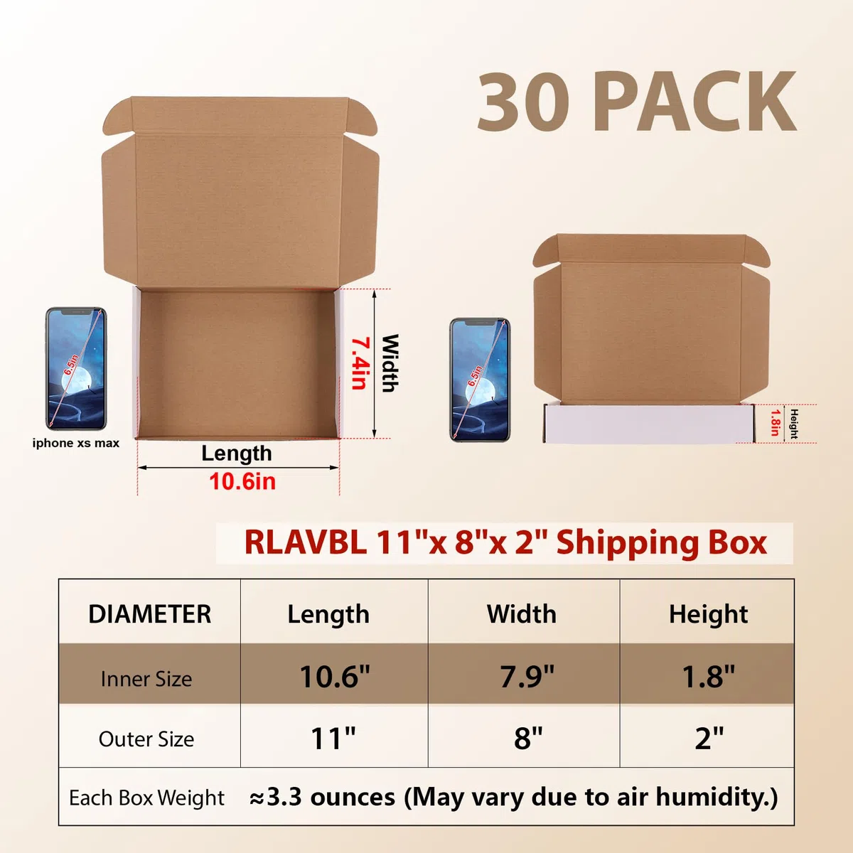 RLAVBL Juego de 30 cajas de envío de 11 x 8 x 2 pulgadas, caja de cartón corrugado blanco para embalaje, correo, pequeñas empresas