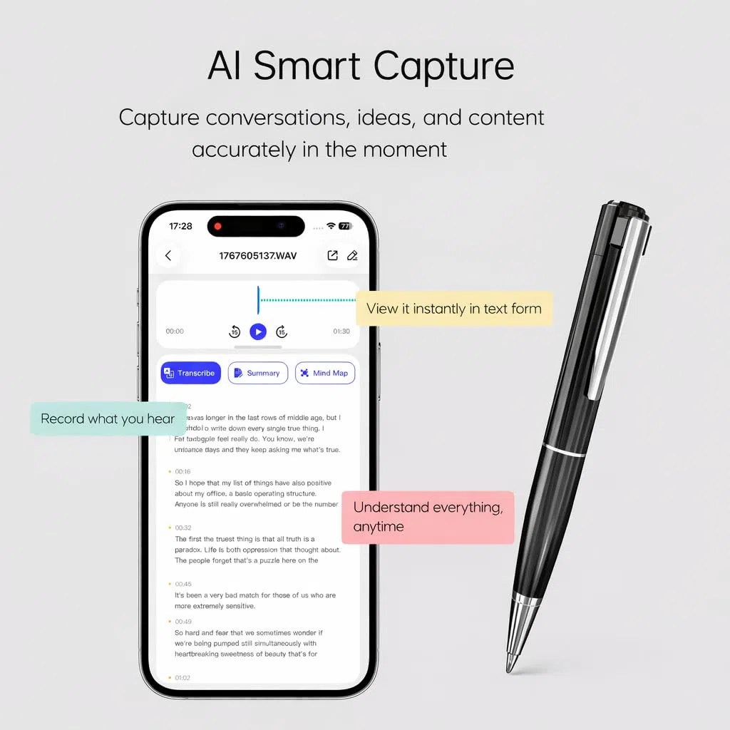 SKARA Grabadora de Voz IA, AI Voice Recorder con Transcripción en 150 Idiomas, Resumen IA y Mapas Mentales, Mini Grabadora Digital Inteligente con App para Reuniones, Clases y Entrevistas