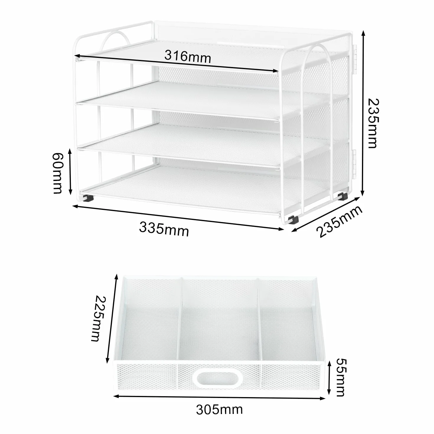 EasyPAG 4 Niveles Metal Malla A4 Bandeja Oficina Organizador Documentos Almacenamiento Papeles Soporte Archivador Clasificador Escritorio Estante Carta con Cajón, Blanco