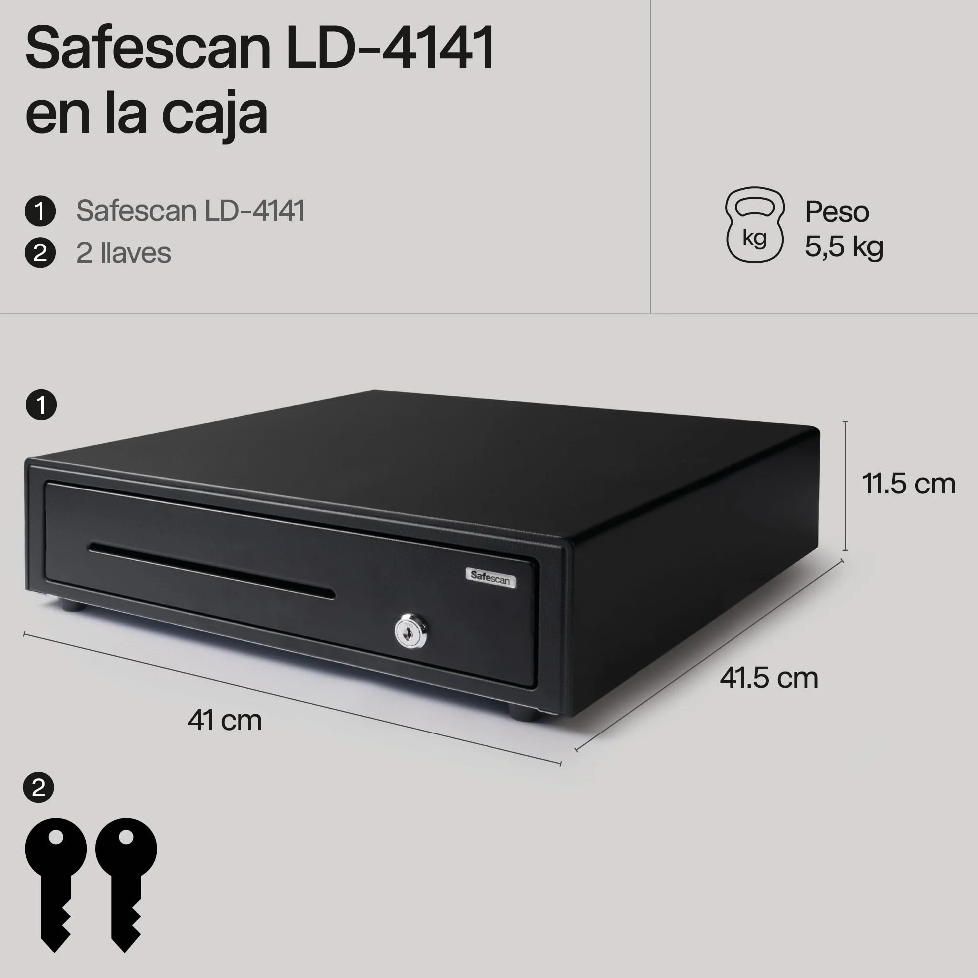 Safescan LD-4141 Cajón portamonedas uso ocasional para el efectivo - Caja registradora con 4 apartados para billetes y 8 para monedas - Caja dinero conexión RJ-12 - Cajón portamonedas 41x41,5x11,5 cm