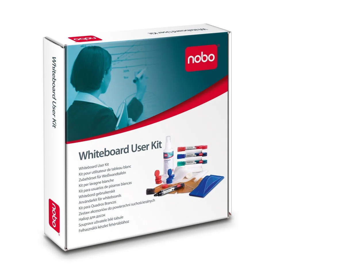 Nobo Kit de Pizarra Blanca, Incluye Borradores, Recambios, 4 Rotuladores con Soporte, Paños Absorbentes y Spray Limpiador, 1901430