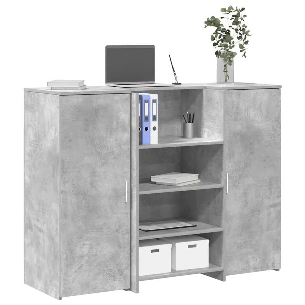 Mesita de recepción gris hormigón 135 x 50 x 103,5 cm de material de madera con mostrador integrado y espacio de almacenamiento, con armario para oficina, oficina en casa y recepción