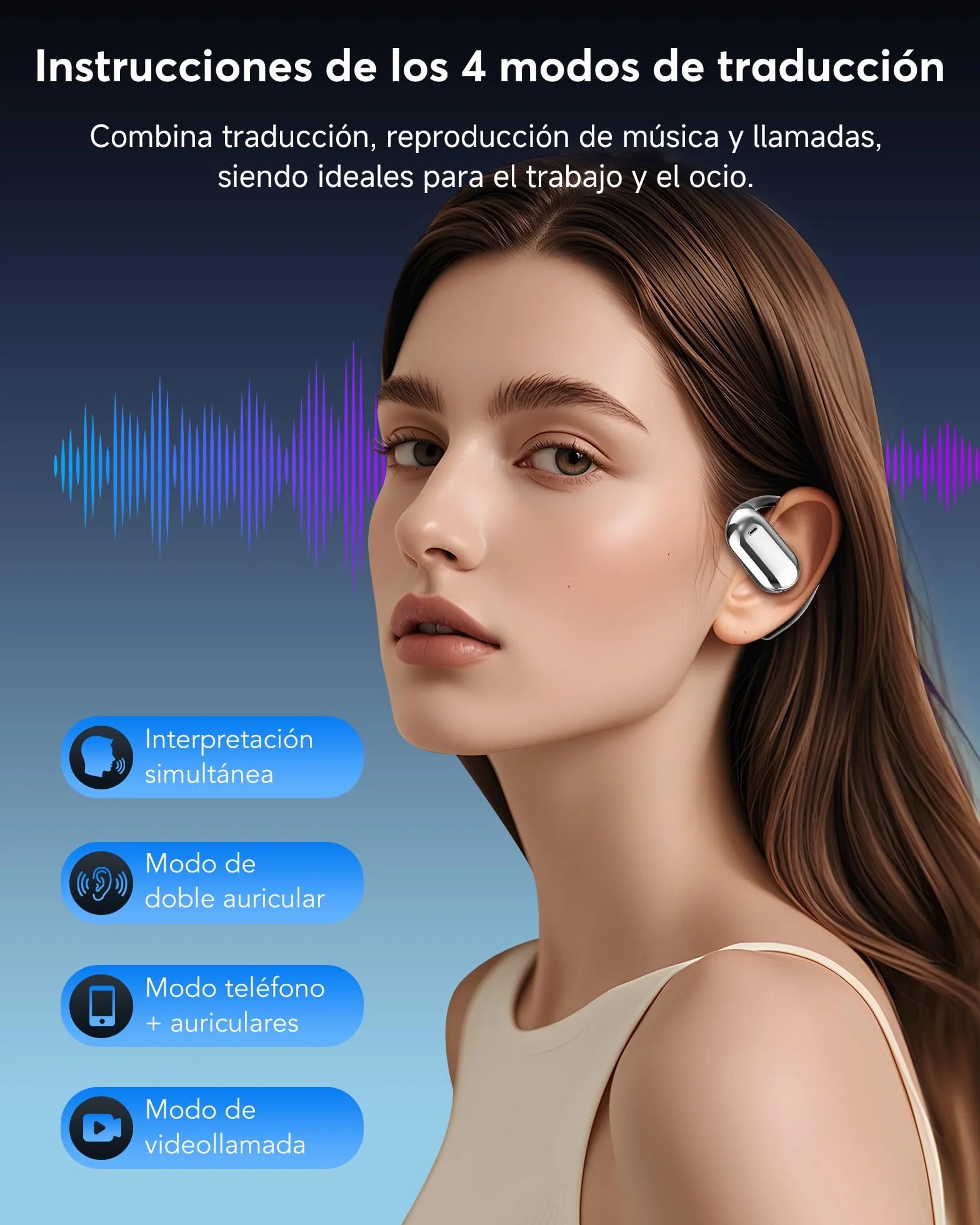 AI Auriculares Traductor en Tiempo Real, 8 Modos Traducción con 198 Idiomas, 3 en 1 Auriculares Traductores de Idiomas, 60H Cascos Oreja Abierta Bluetooth 6.1 para Viajes, Reuniones Negro