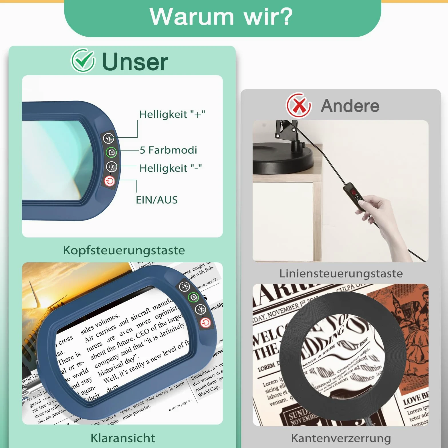 Lupa 10X con luz y abrazadera, cristal auténtico soporte de iluminación, 5 modos de color y regulable sin niveles, lámpara de escritorio LED manos libres para manualidades, aficiones, lectura, pintura