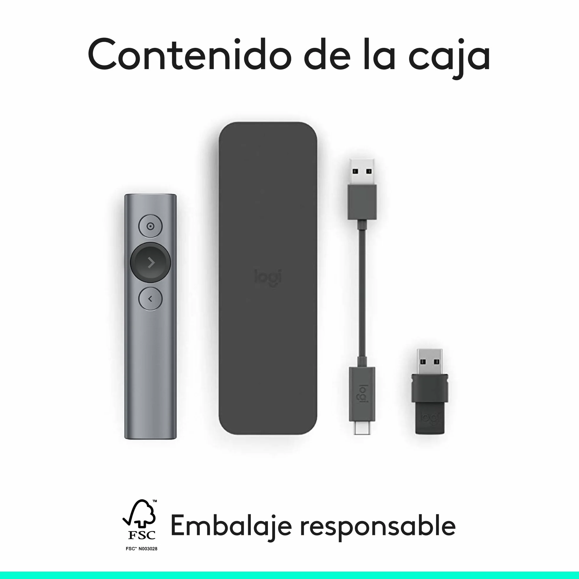 Logitech Spotlight Presentador Inalámbrico, 2.4 GHz y Bluetooth, Receptor USB, Puntero Láser Digital, Distancia de 30 Metros, Cronometro, PC/Mac/Android/iOS, Negro/Blanco