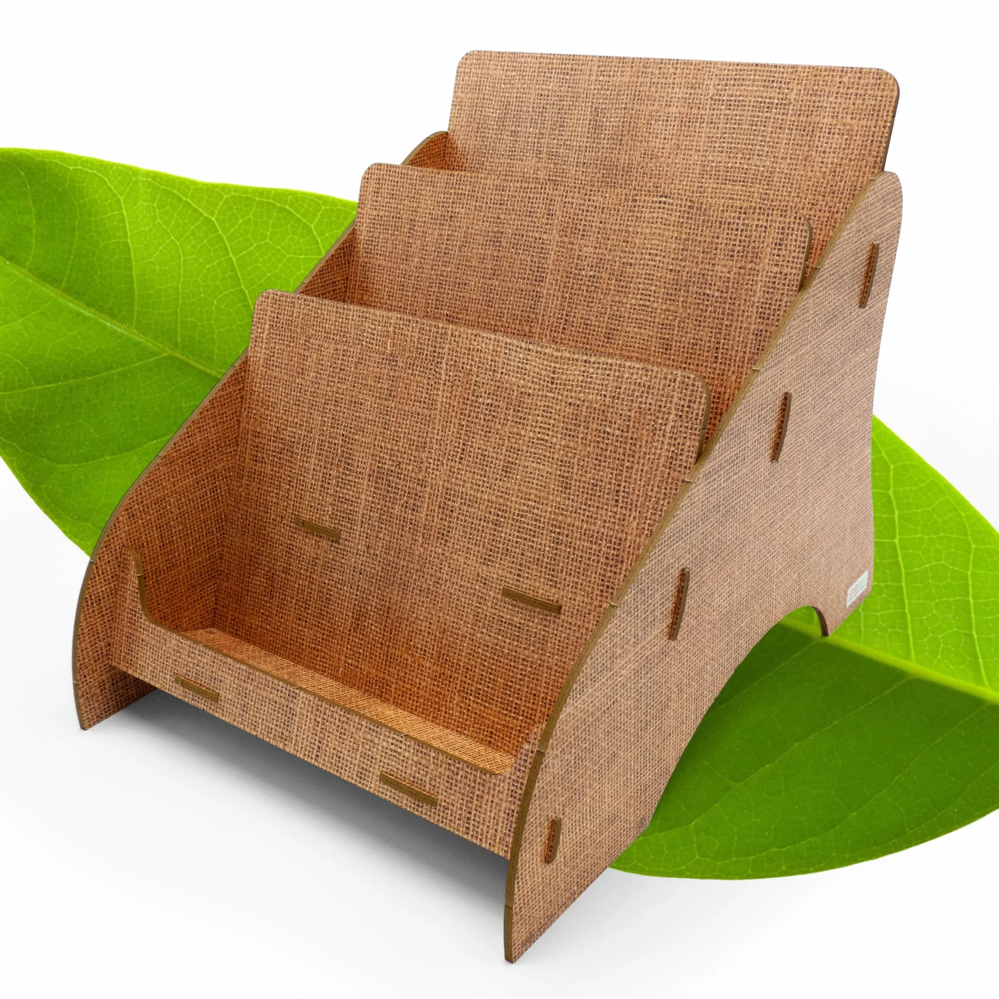 Soporte para folletos ecológico DIN A5 horizontal 3 compartimentos diseño natural