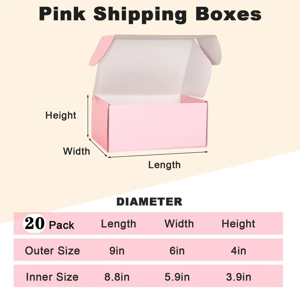 Cajas de envío para embalaje, cajas de cartón corrugado rosa de 9 x 6 x 4 pulgadas, 20 paquetes de cajas de correo medianas para pequeñas empresas