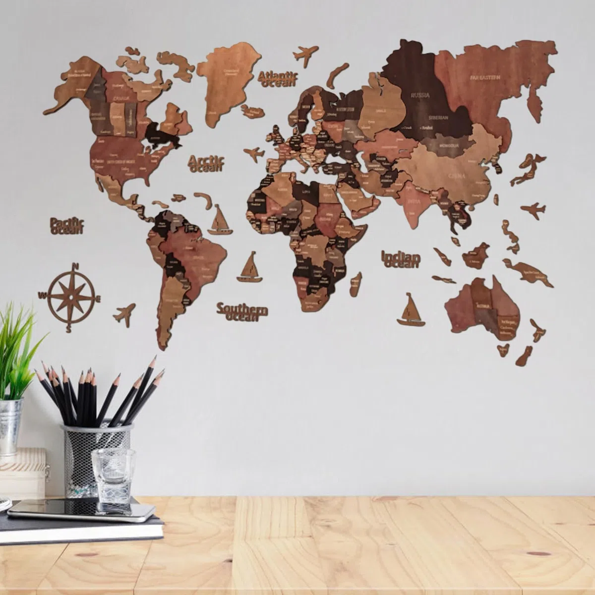 Mapa Del Mundo De Madera- Decoración De Pared 3d Detallada De 100x60 Cm, Acento Moderno En El Hogar, Pieza Decorativa, Diseño De País Con Una Construcción Duradera | Arte De Pared De Mapa Con Estilo D