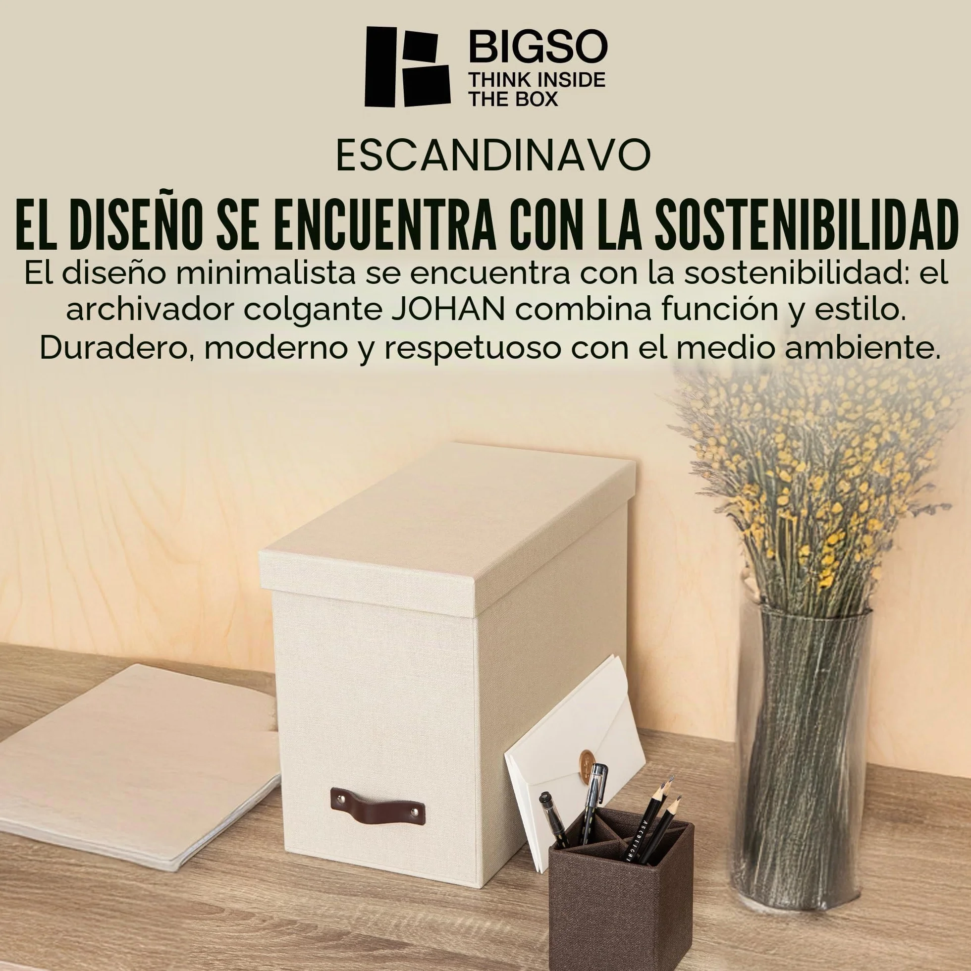 Bigso Box of Sweden Caja archivadora con tapa – Elegante organizador de documentos con 8 carpetas colgantes – Caja clasificadora de tablero de fibras y papel con elegante aspecto de lino – beige