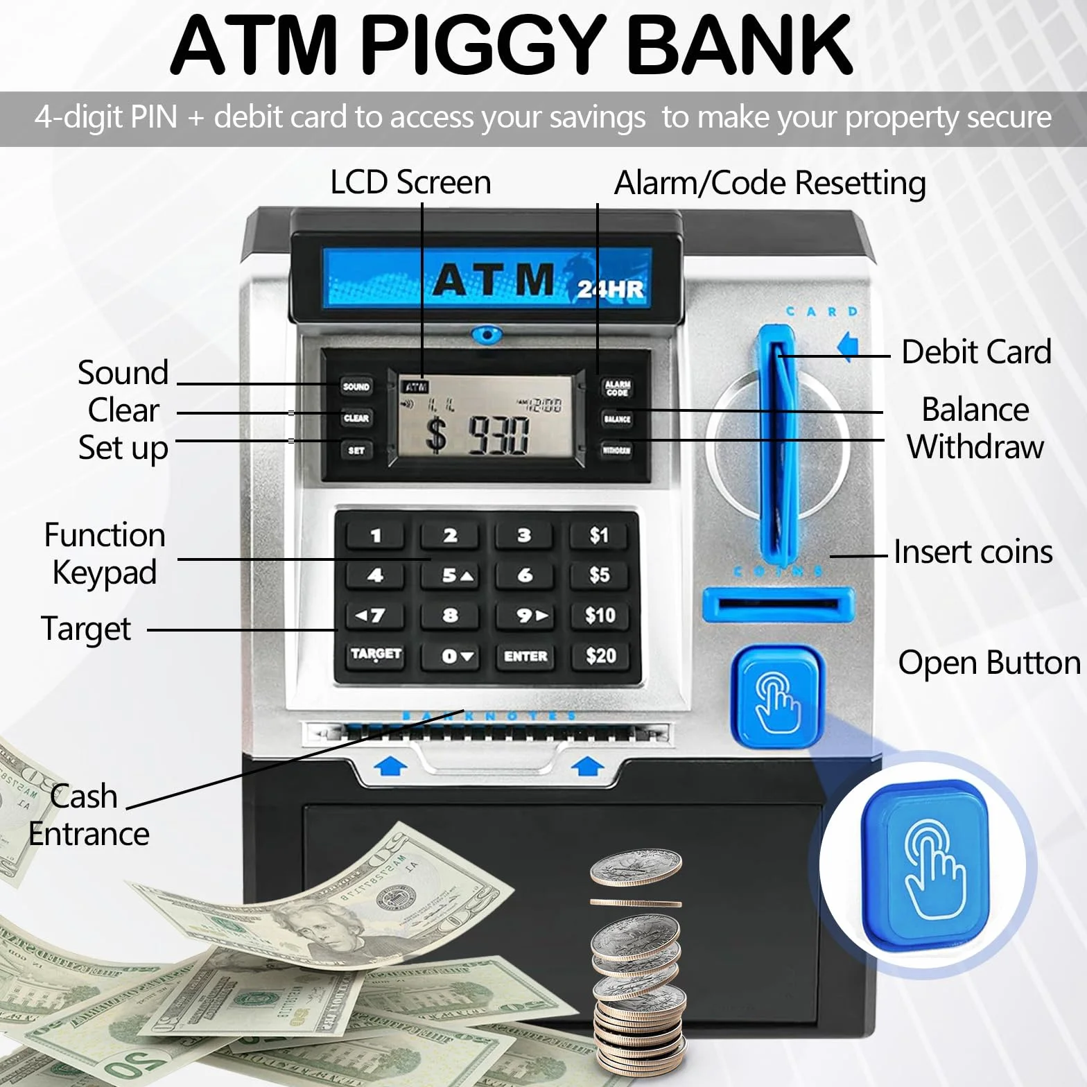 Alcancía Electrónica, Caja de Dinero con Contraseña Cajero Automatico Digital Mi-ni Caja Fuerte Electrónica Electronicas con Tarjeta de Débito para Cajero Automático Bancos Huchas