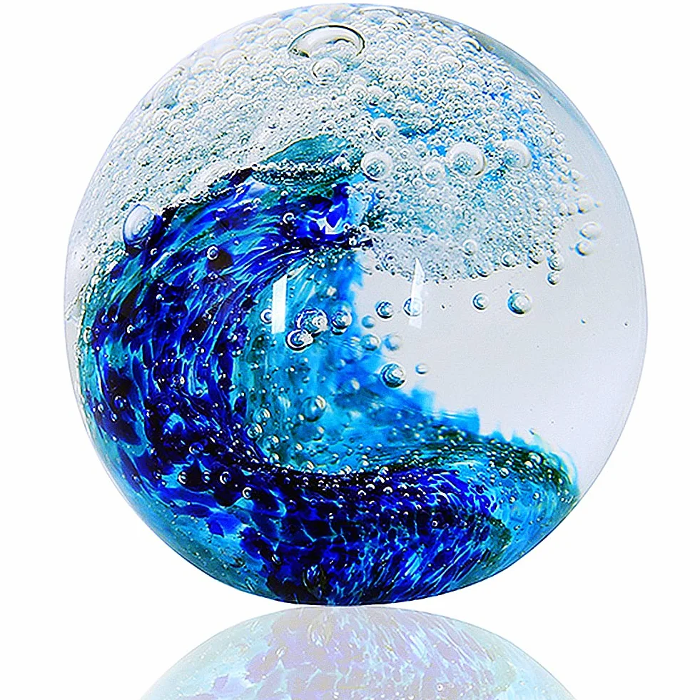 EUSTUMA Figura de vidrio, bola de olas del océano, pisapapeles de oficina, decoración del hogar y acuario, azul, moderno