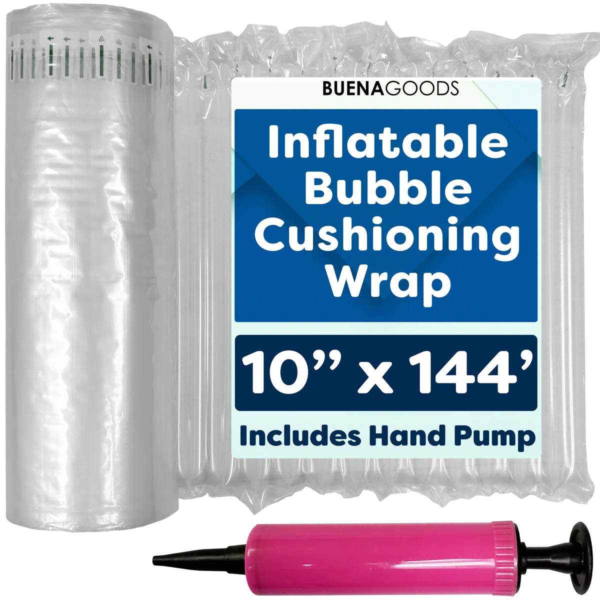Rollo de envoltura inflable de burbujas de 10 pulgadas x 144 pies. Incluye bomba gratis. Almohadas de aire resistentes para suministros de embalaje. Envío seguro, mudanza, protector de