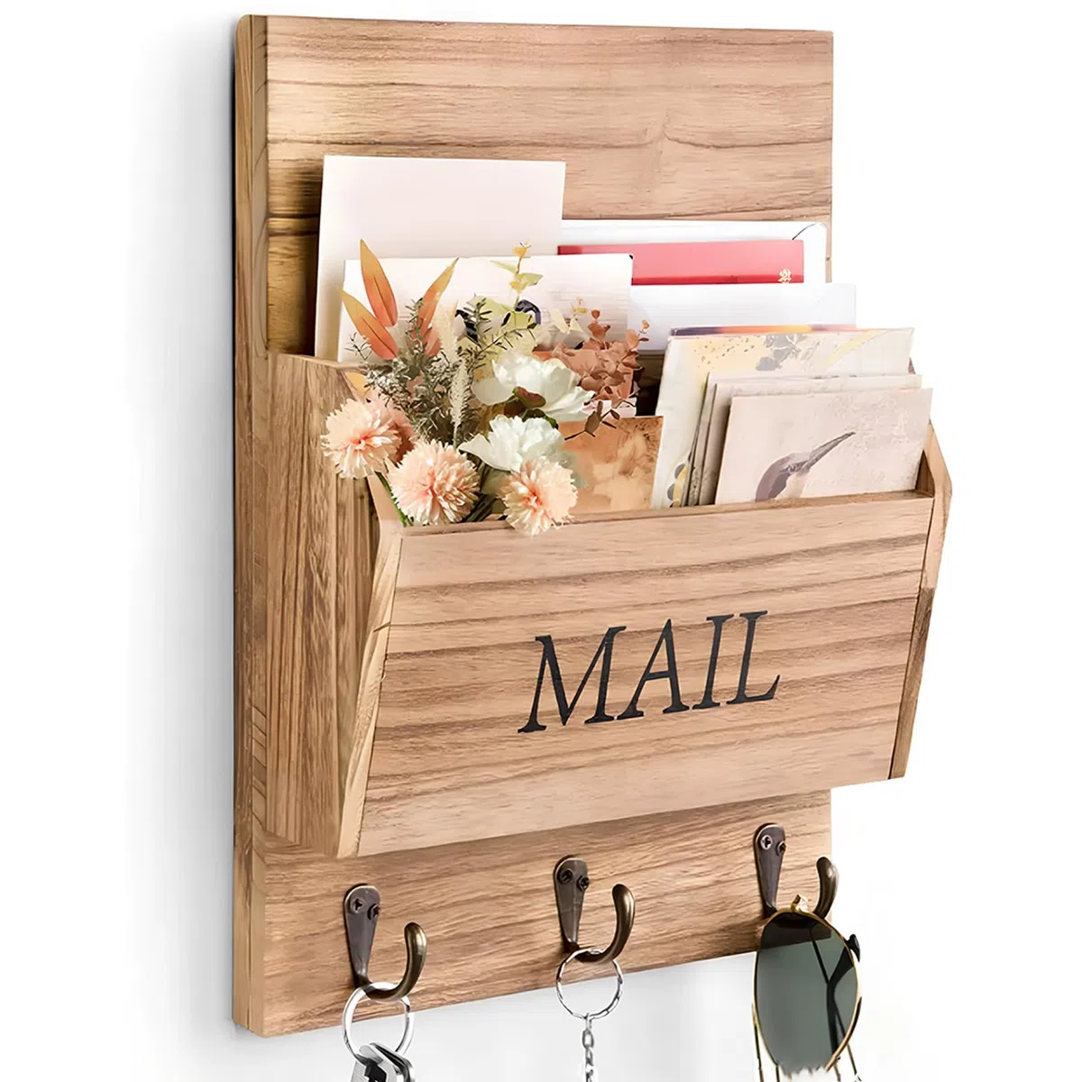 GAESHOW Organizador de correos, soporte de pared de madera con ganchos, 2 compartimentos, soporte para revistas montado en la pared para oficina, correo, revistas, papelería, carpeta, organización