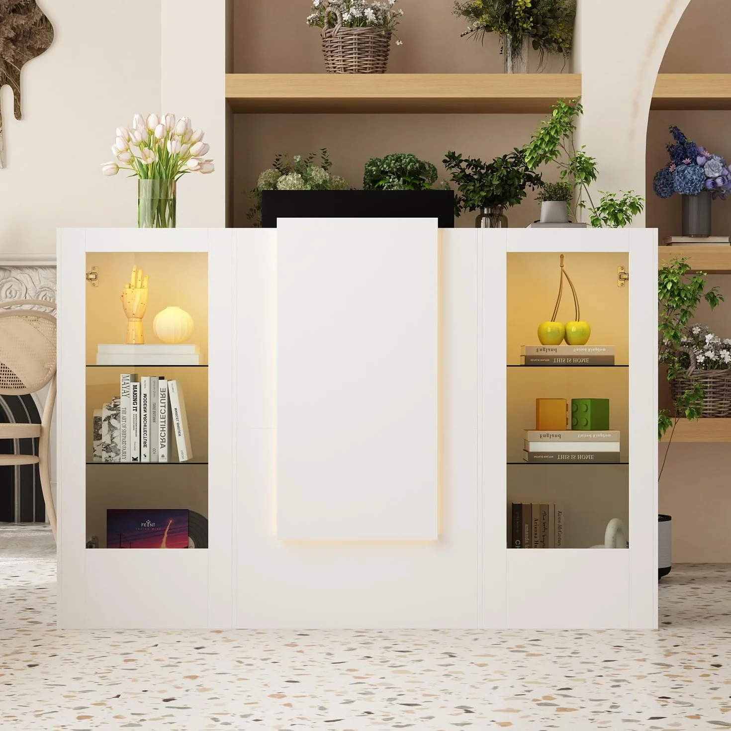 Mesa de recepción blanca con barra de luz, 2 armarios y 1 cajón de teclado, 150 x 52 x 100 cm
