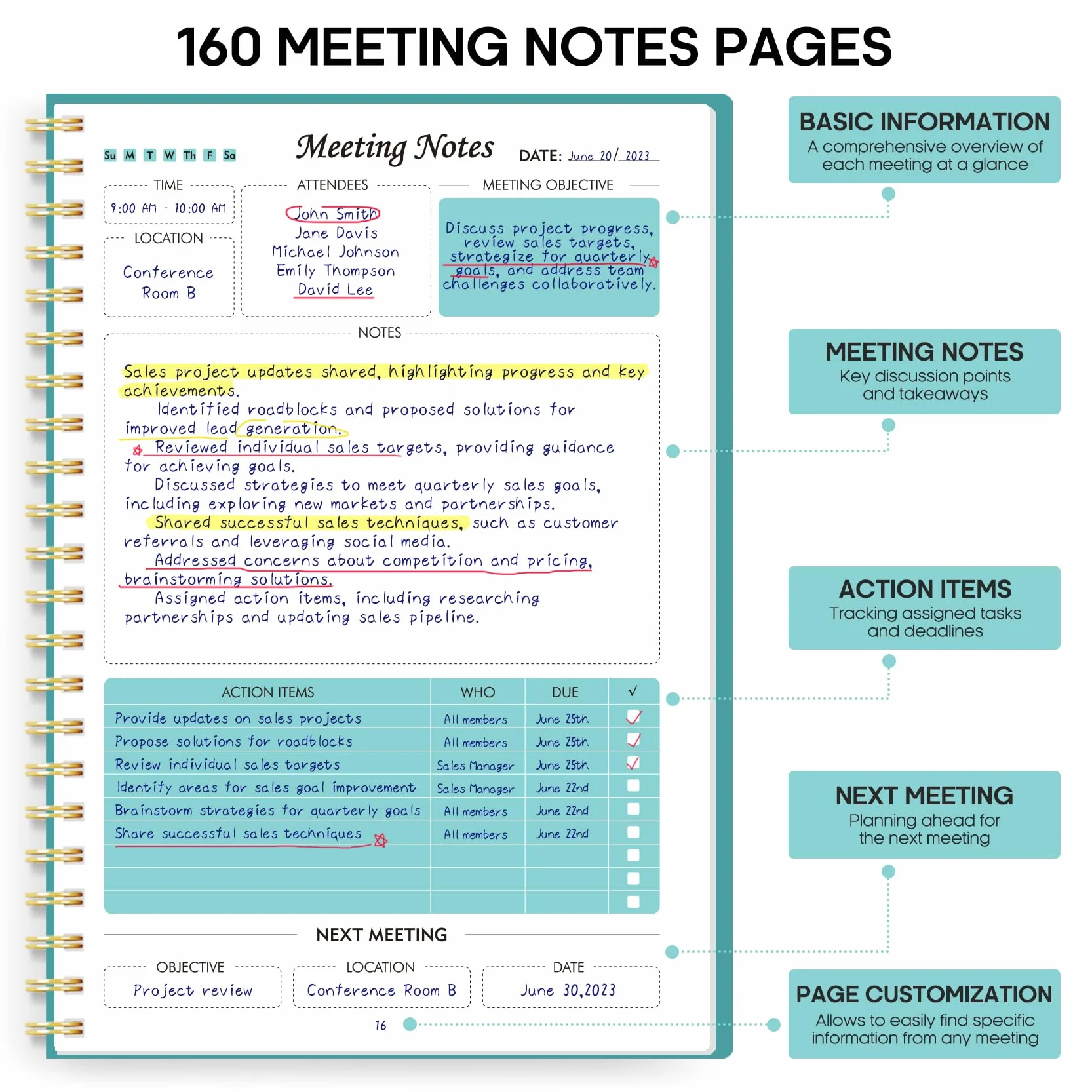 Paquete de 6 cuadernos de reuniones para organización del trabajo, cuaderno planificador de trabajo con elementos de acción, agenda para tomar notas, 160 páginas (6.9 x 9.9 pulgadas), organizador de