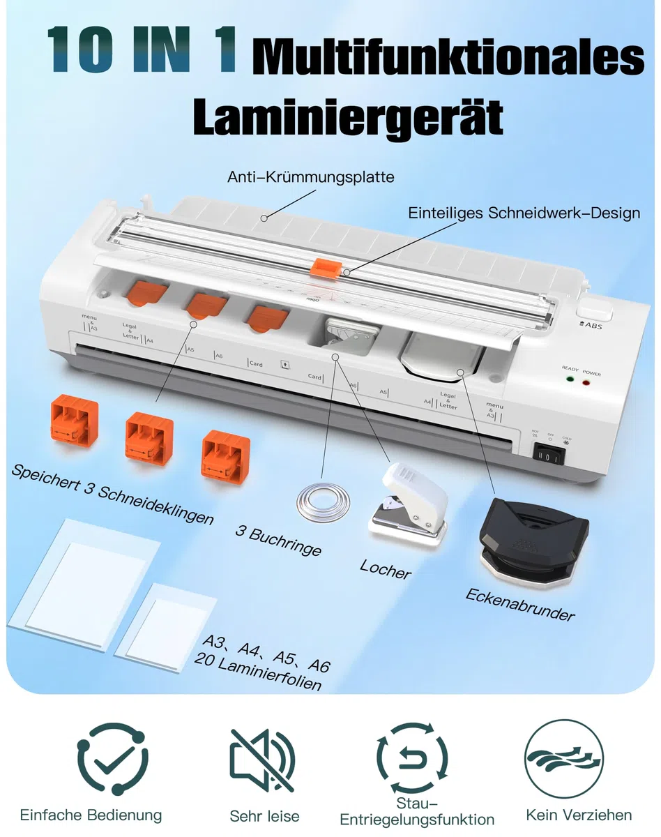 Plastificadora A3 de 13 pulgadas con introducción automática de papel, A3, laminado en frío y caliente, 20 láminas, juego 10 en 1 con cortador, recortador y redondeador de esquinas para oficina