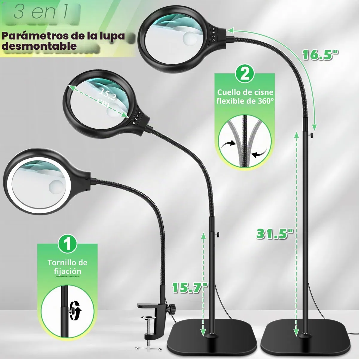 NZQXJXZ 3 en 1 Lupa con Luz y Soporte, 30X 10X Lámpara de Aumento de Pie | con Cuello de Cisne Flexible con 36 LED, 3 Modos de Color, Lupa de Escritorio con Abrazadera para Leer, Coser y Pasatiempos