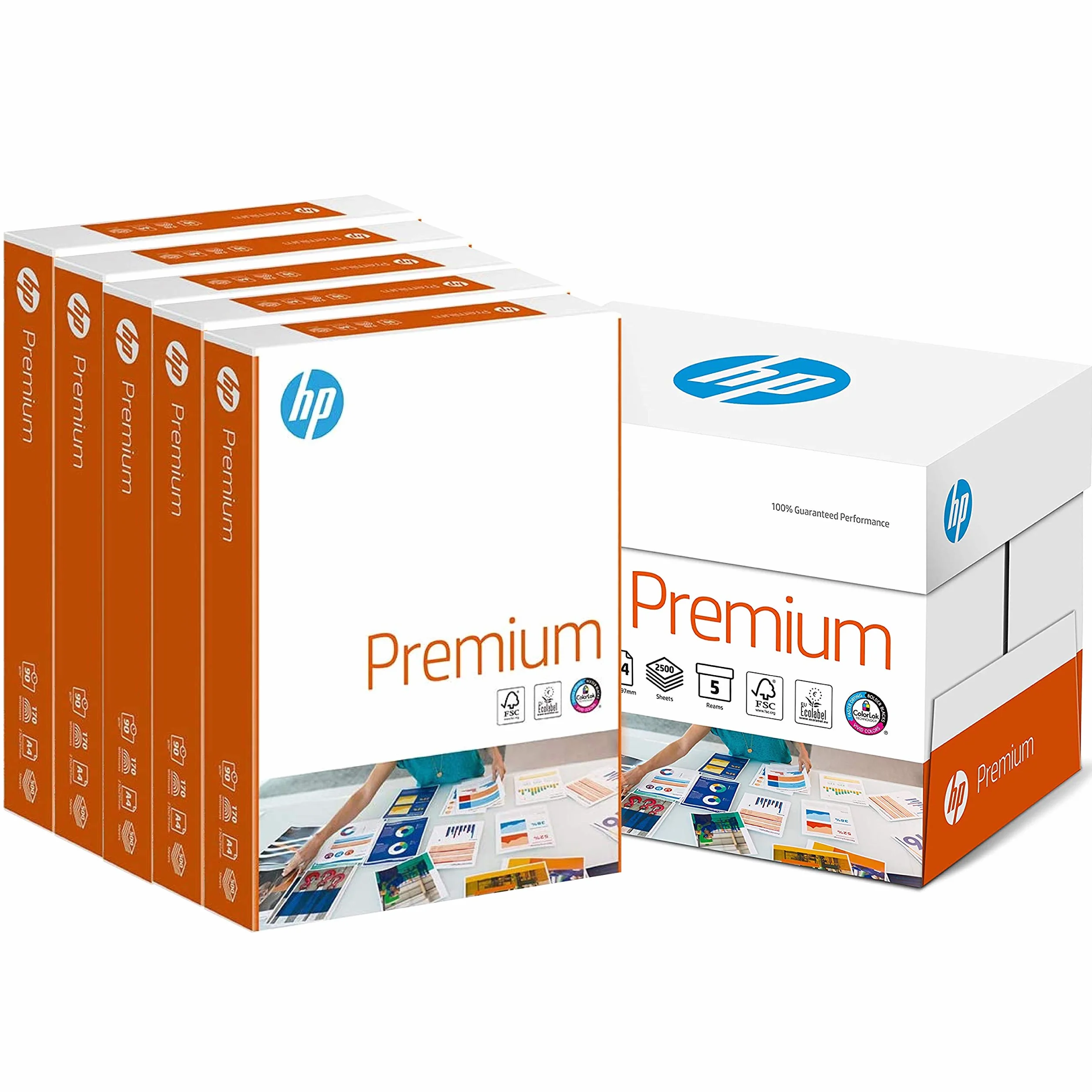 HP PAPERSPREMIUM, Papel superior de alta blancura, A4, 90 g/m2, caja 5 paquetes (2500 hojas)