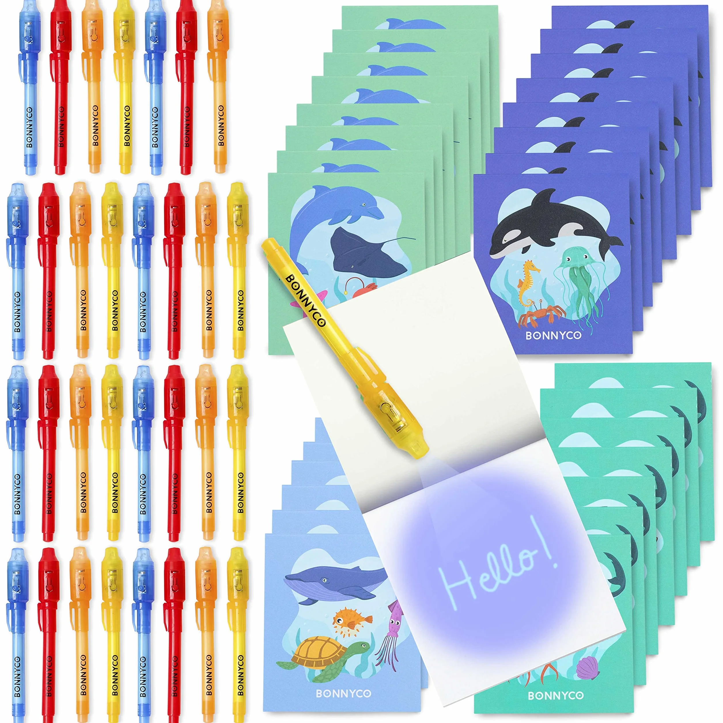 BONNYCO Boligrafo Tinta Invisible y Libreta de Animales Oceano, Pack de 32 Regalos Cumpleaños Niños Colegio. Detalles Cumpleaños Niños, Relleno Piñata. Regalos Alumnos Primaria Fiesta Infantil