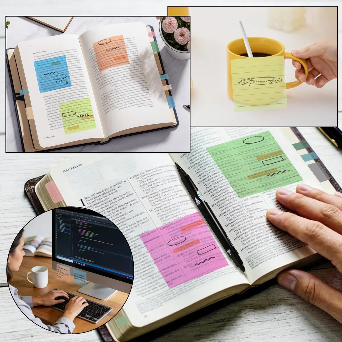 Vuzvuv 920 hojas de notas adhesivas transparentes con bolígrafo, juego de notas adhesivas translúcidas de 3 x 3 pulgadas para pestañas de la Biblia, pestañas de libros, suministros escolares de