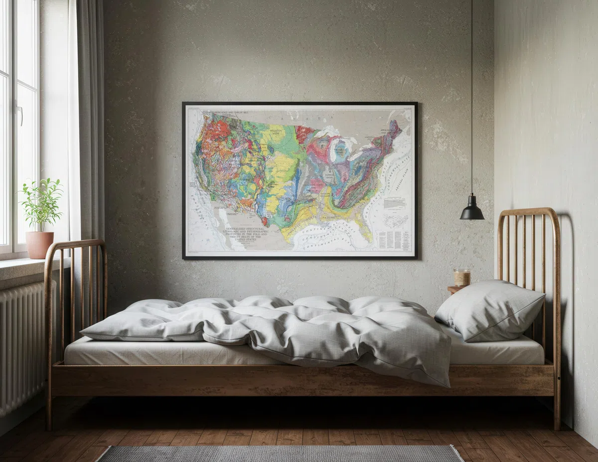 Mapa histórico, mapa de pared, Estados Unidos, geología: provincias fisiográficas y estructurales 1983, arte de pared vintage, 24 x 16 pulgadas