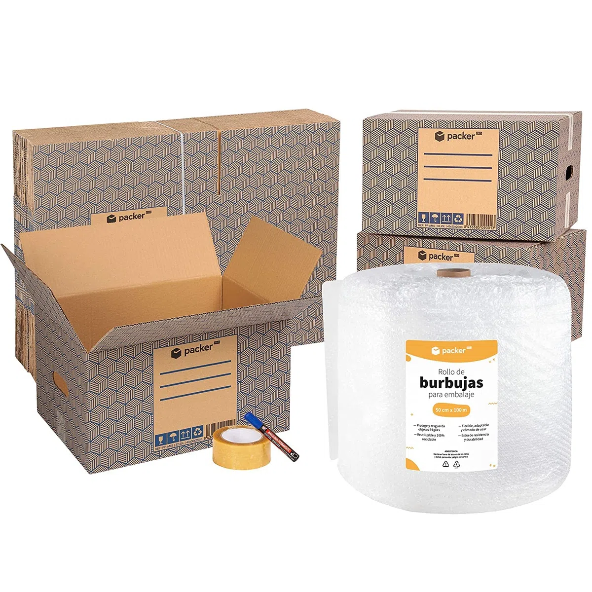 packer PRO Pack Mudanza con 5 Cajas Carton Mudanza 60x40x40cm, 10 Cajas Carton Mudanza 43x30x25cm, Cinta Adhesiva, Rollo de Burbujas para Embalaje, Rotulador Permanente