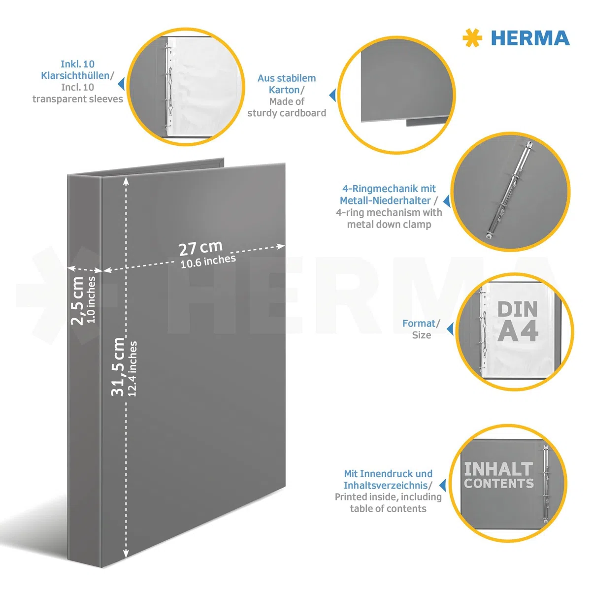 HERMA Carpeta de certificados, tamaño A4, 18 unidades, con 10 fundas transparentes para 20 certificados, certificados y documentos, con impresión interior, mecanismo de 4 anillas y diseño de animales