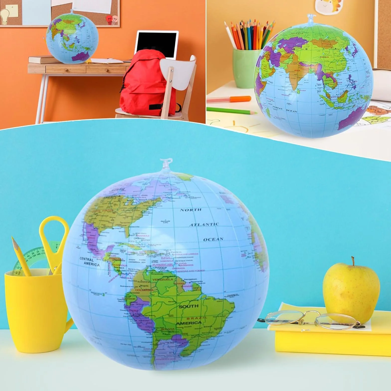Globo del Mundo Inflable Mapa,2 PCS Globo Terráqueo Inflable para Adolescentes Globo del Mundo Hinchable de PVC Mapa Mundi Interactivo Bola del Mundos para Playa Piscina o Aula