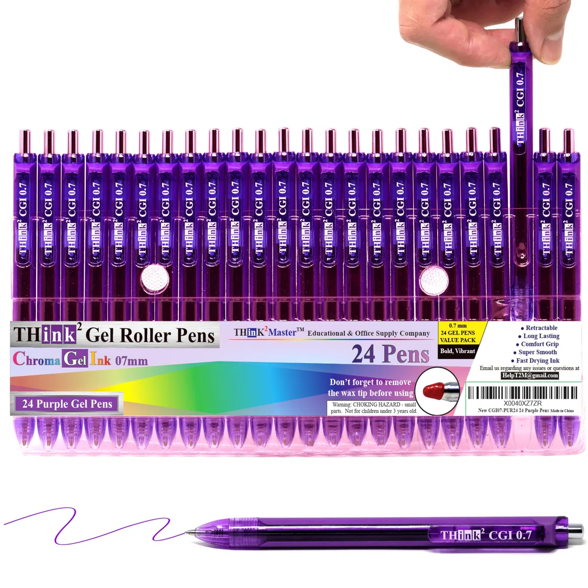 THINK2MASTER [24 bolígrafos de tinta morada] Think2 bolígrafos de gel retráctiles CGI de 0,7 mm (24 morados) de punta media con tinta suave de secado rápido.