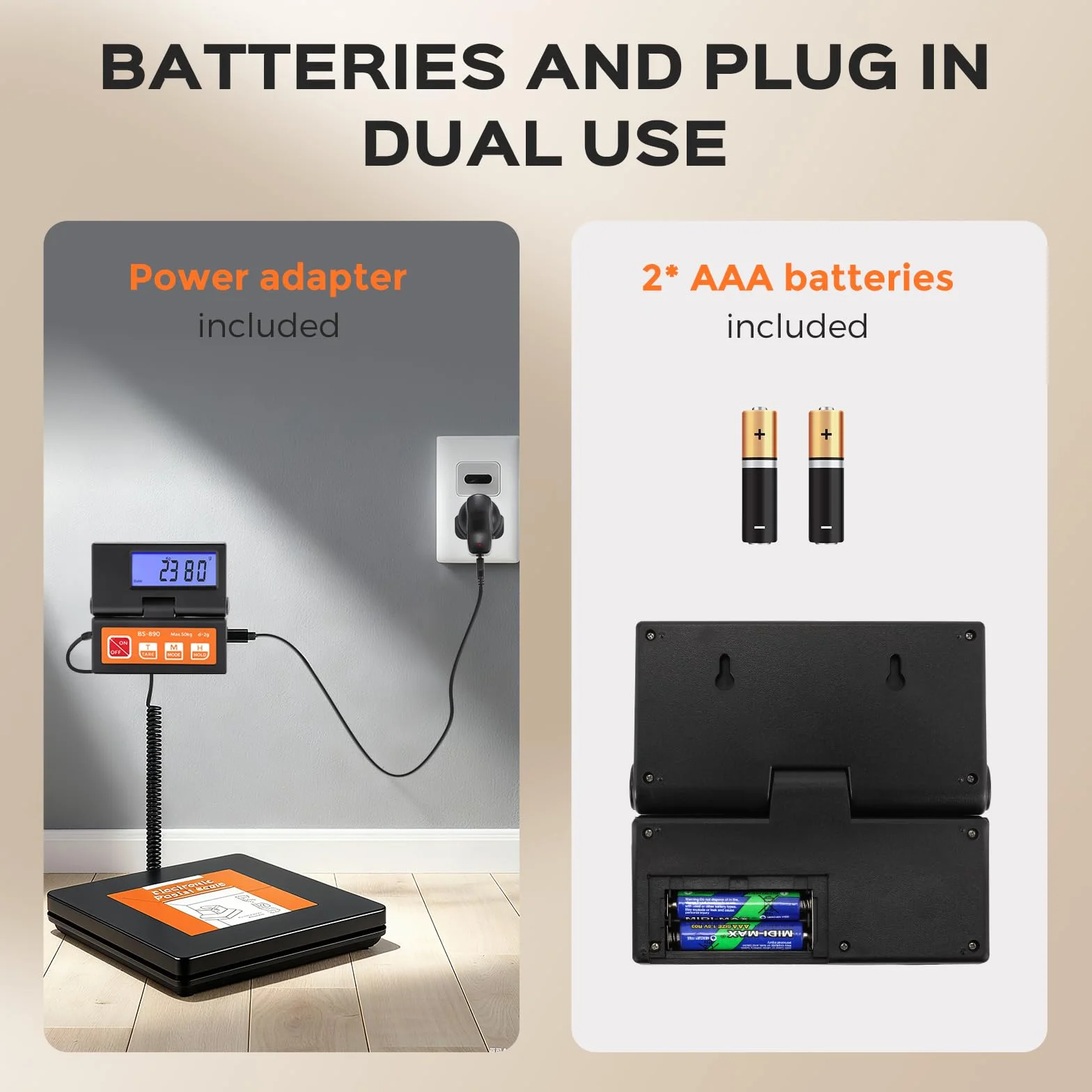 Bonvoisin Báscula para Paquetería Digital 50kg/110lb Balanza para Envíos de Paquetes con Pantalla LCD Grande Separada, 2 pilas AAA y Adaptador de Corriente UE Incluidos, g/kg/oz/lb Conmutable