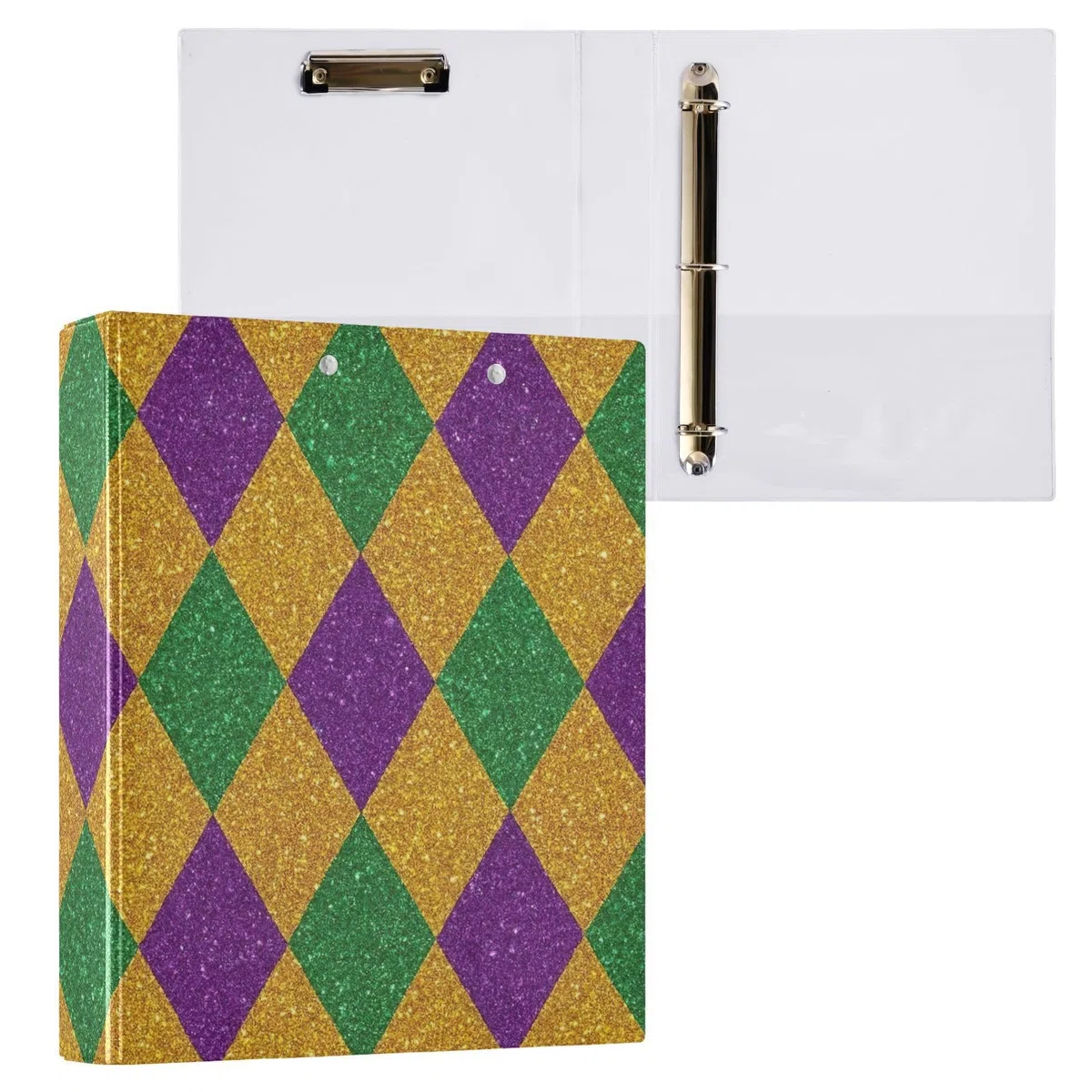 Carpeta de tres anillos a cuadros morados y verdes y dorados de 1.5 pulgadas, carpeta de anillos en D, paquete de 2 | Con portapapeles y bolsillos, para escuela, universidad, oficina