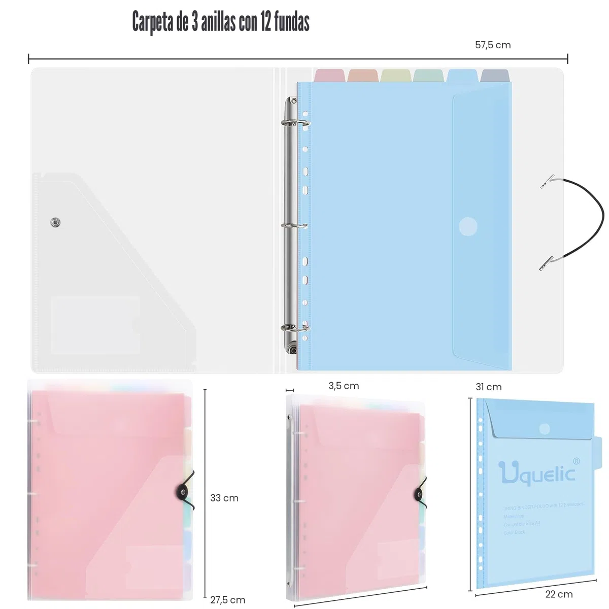 Uquelic Carpeta 3 Anillas A4– Carpetas Archivadoras con 12 Fundas Plástico A4 para Organizar y Archivar Documentos (Macarrón Transparente)