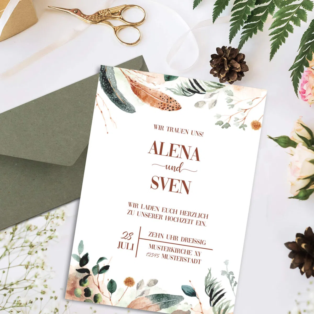 200 juegos de cartas DIN A4 - papel natural en popurrí natural crema con plumas y ramas - con sobres DIN largo en papel kraft gris / verde papelería imprimible ideal para invitaciones de boda