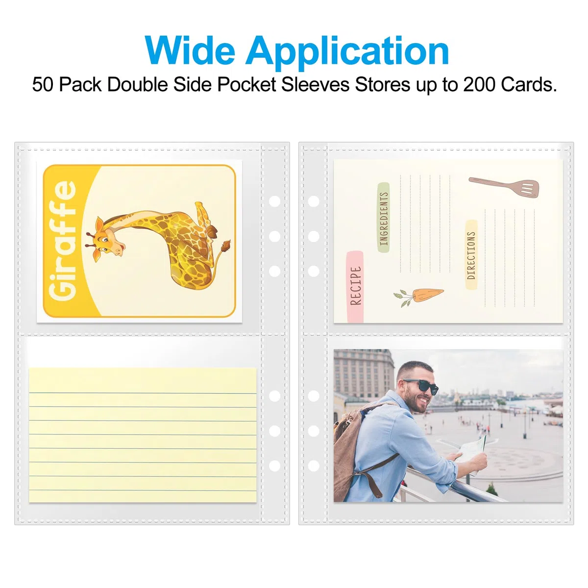 Hojas de carpeta A5 para tarjetas de índice – Paquete de 50 | Recambio de plástico transparente con 2 bolsillos protectores de página para tarjetas de recetas, tarjetas fotográficas, tarjetas flash |