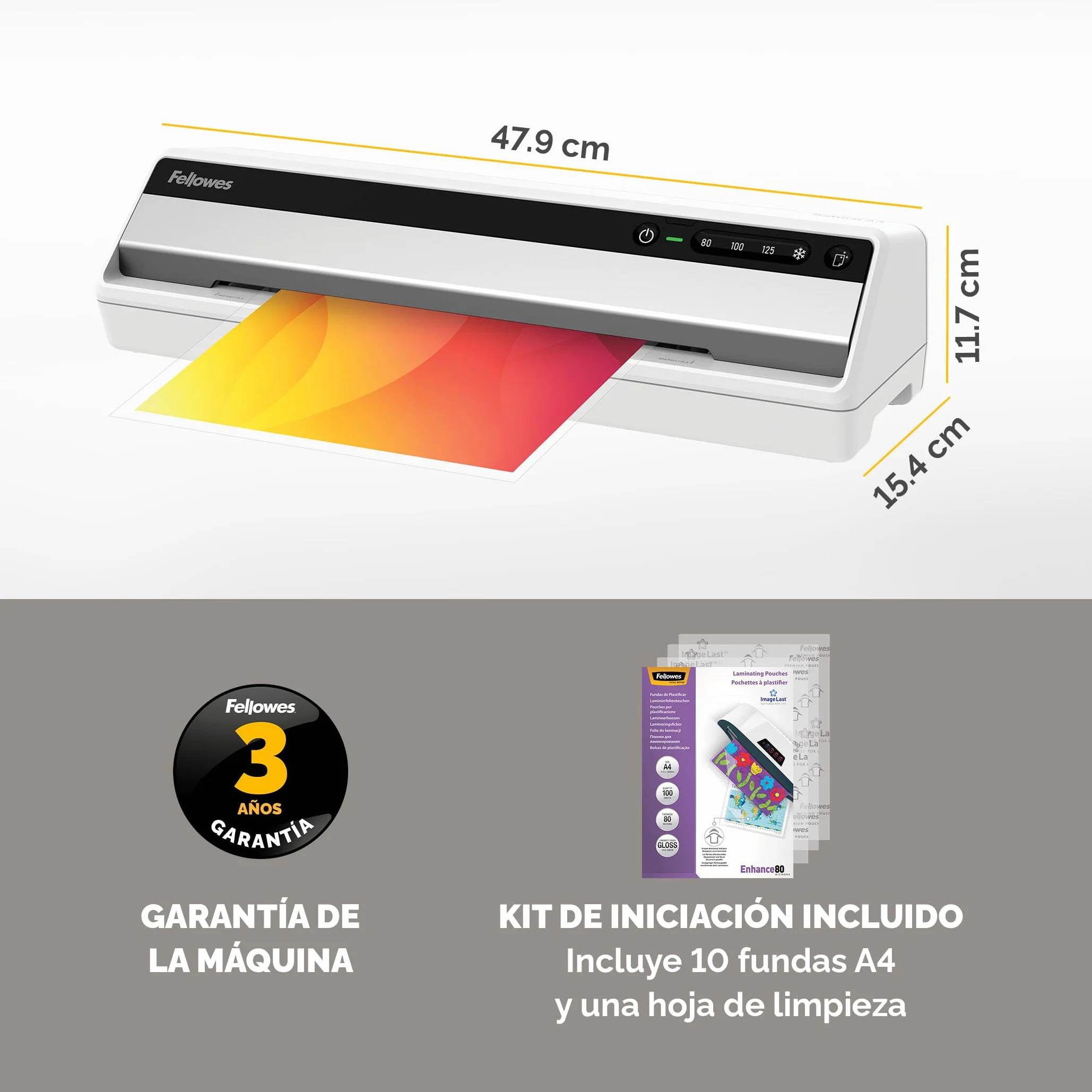 Fellowes Plastificadora Saturn A3 Pequeña Oficina – InstaHeat, lista en 60 segundos, sin atascos, apagado automático – Para fundas de 80/100/125 micras – Incluye 10 fundas – Uso en casa y oficina