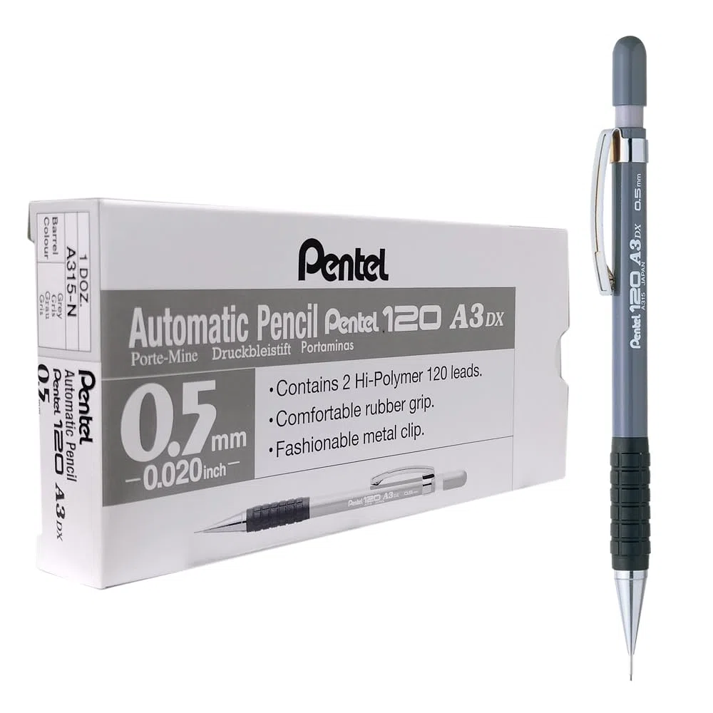 Pentel Hi-Graph Paquete de 12 lápices mecánicos 0.5 mm con Fixed Barrel 4 mm Gris Cuerpo