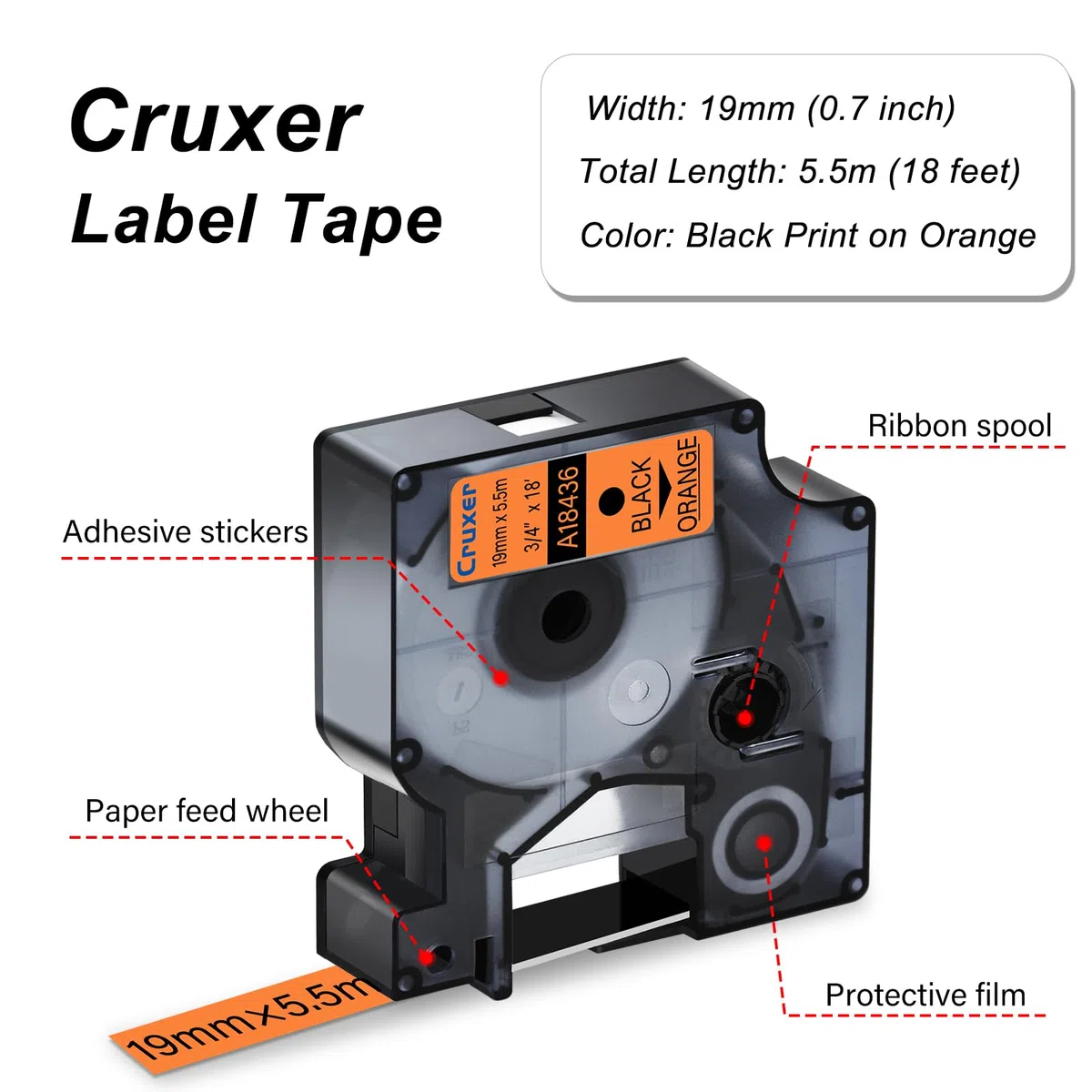 Cruxer Paquete de 30 cintas de etiquetas de vinilo compatibles con Dymo IND 18436 S0718500 A18436, negro sobre naranja, 19 mm x 5,5 m, repuesto para Dymo Rhino 4200 5000 5200 6000 ILP 219 3M PL150 3M