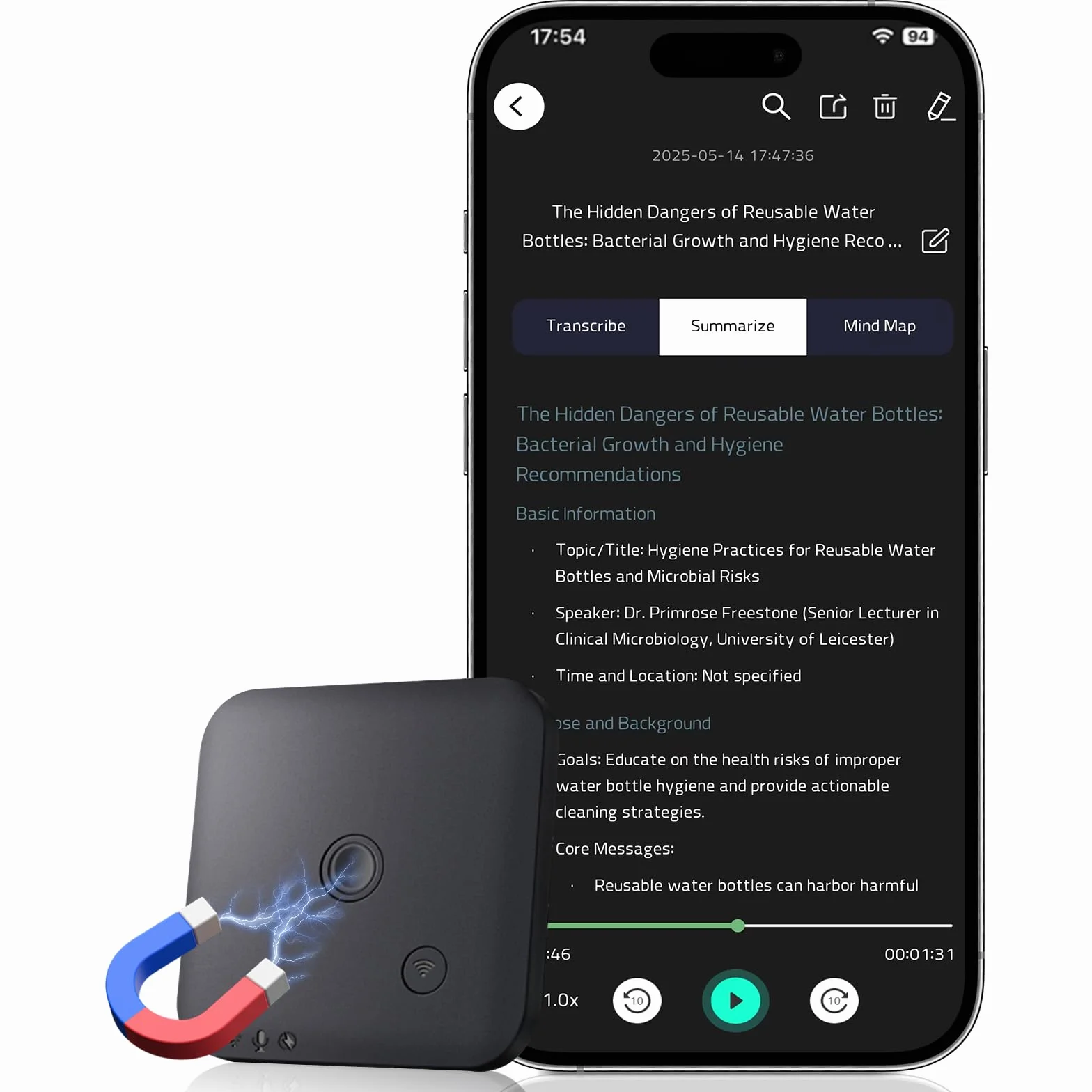 Grabadora de Voz AI 64GB Transcripción Automática ChatGPT 4o 102 Idiomas Control por App