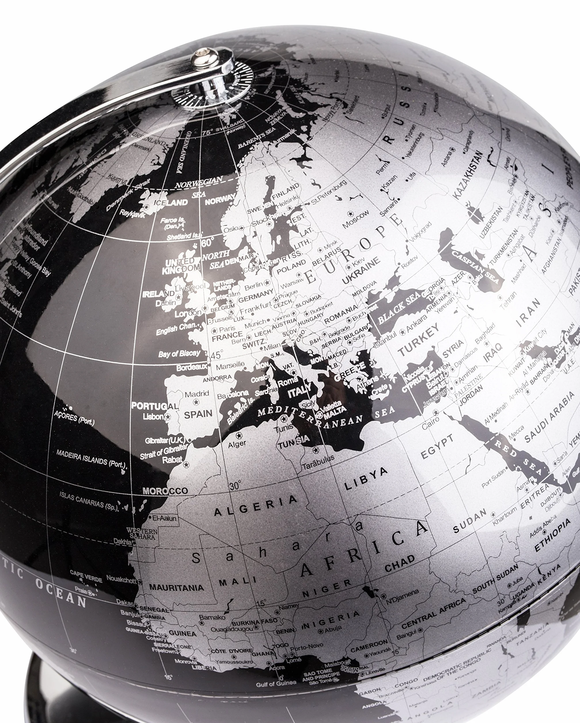 Exerz 30cm Globo Terráqueo - Mapa en Inglés - Decoración de Escritorio educativa/geográfica/Moderna - con una Base de Metal - Negro Metálico - Diámetro: 30cm