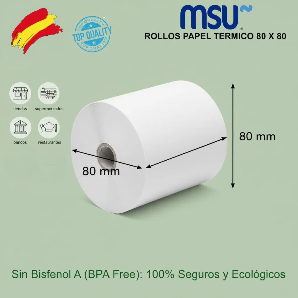 MSU | Rollo de papel térmico 80x80 mm, paquete 80 unidades | Libre de BPA, impresión duradera y limpia | Para TPV y cajas registradoras
