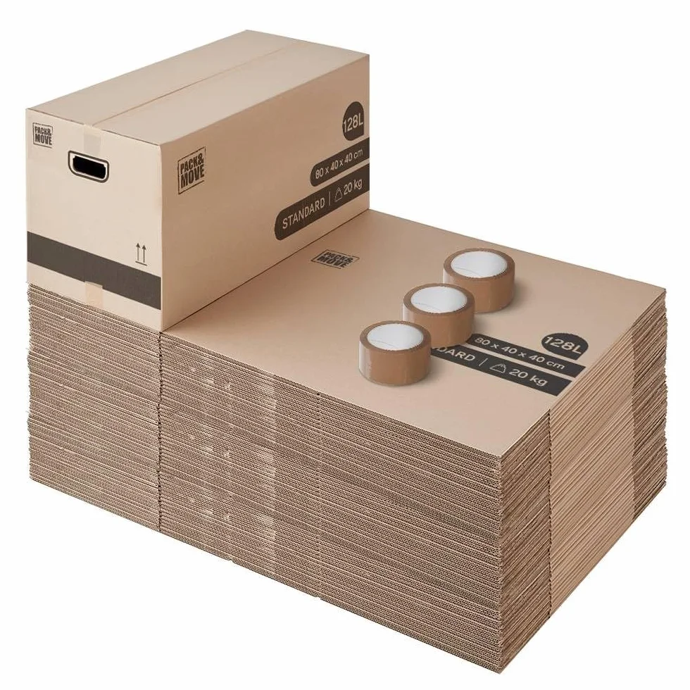Pack and Move - Lote de 10 cajas para trasladar almacenamiento XL, 80 x 40 x 40 cm, asas reforzadas, 1 adhesivo