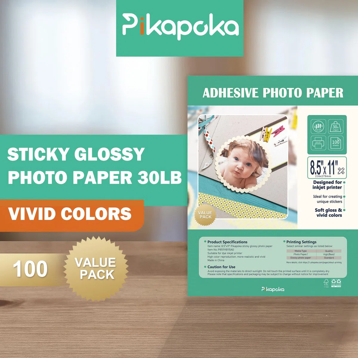 Papel fotográfico autoadhesivo de 8.5 x 11 pulgadas, adhesivo fotográfico brillante para impresora de inyección de tinta, paquete de 100 unidades, 115 g/m² (P8511YB115AG)