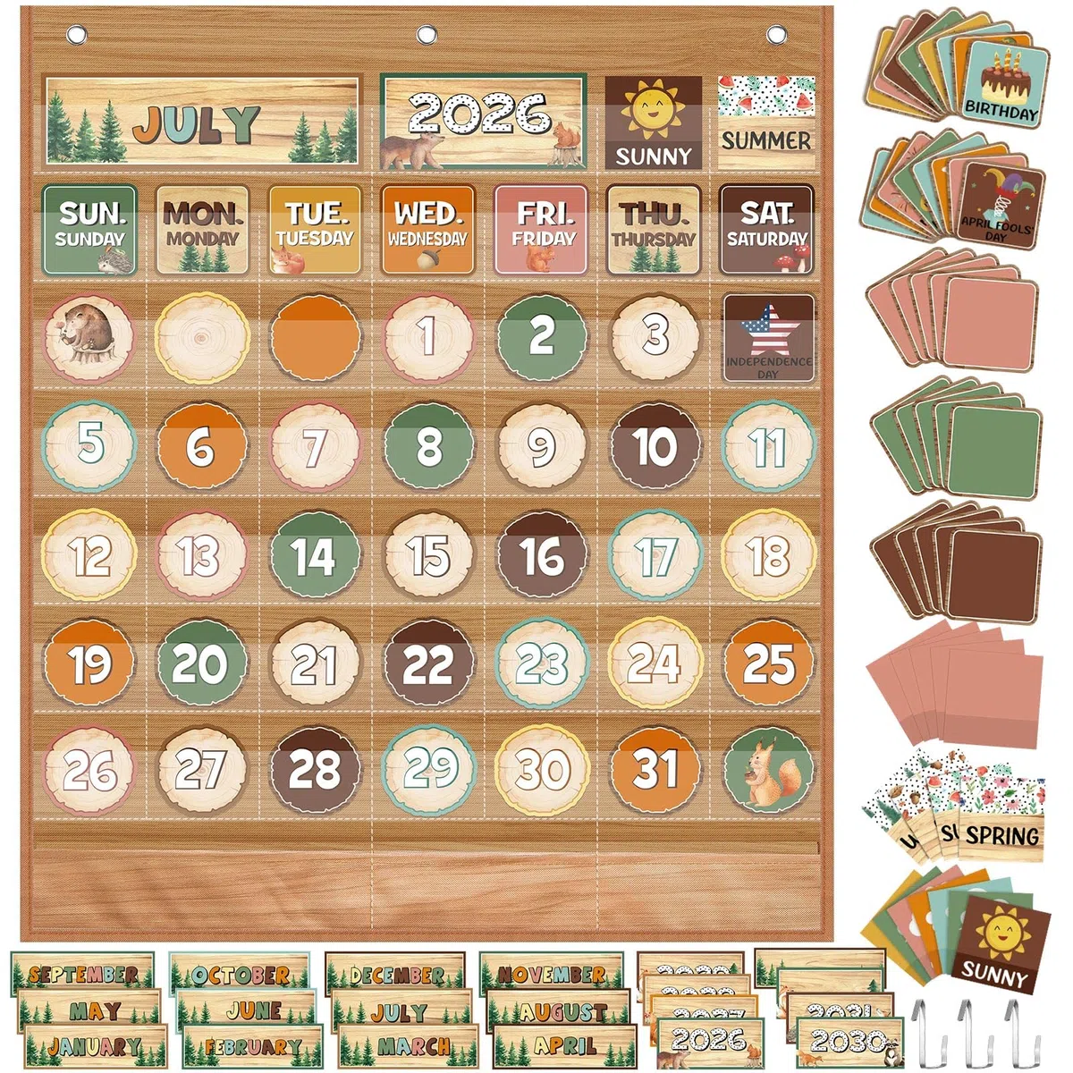 Sinload Calendario de aula, calendario de bolsillo, tablón de anuncios, temporadas, festivales, tabla de bolsillo para decoración de aula, suministros de regreso a clases (bosque)