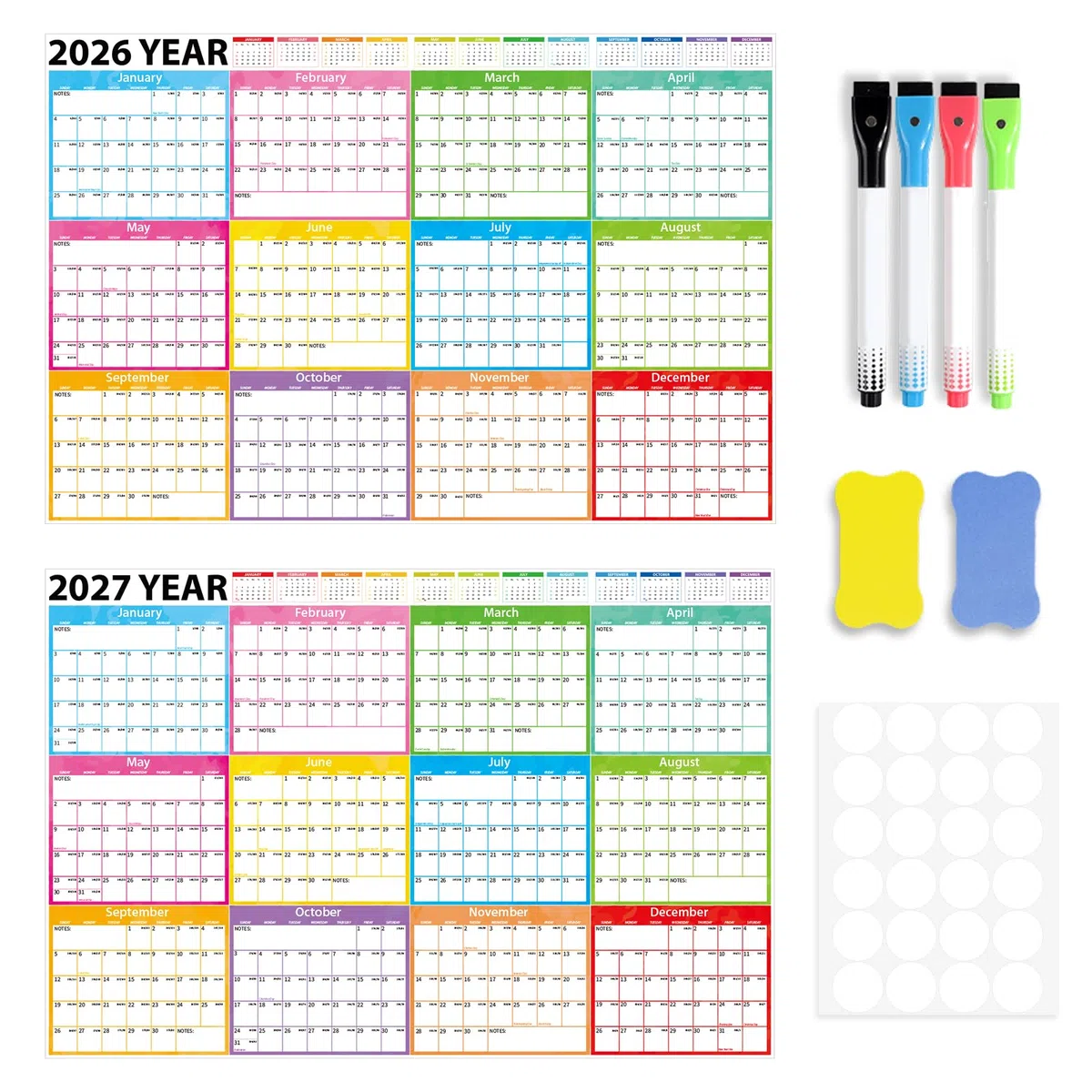 Calendario anual de pared 2026-2027 de 48 x 32 pulgadas, planificador anual de pared grande laminado borrable, borrado en húmedo y seco, calendario anual de 24 meses para oficina, escuela